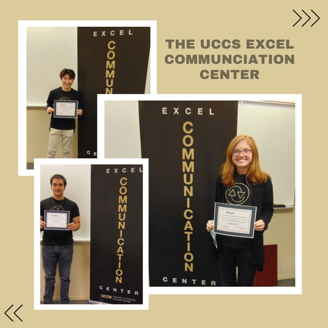 Collage of 3 photos of people standing next to a sign that says "Excel Communication Center"
